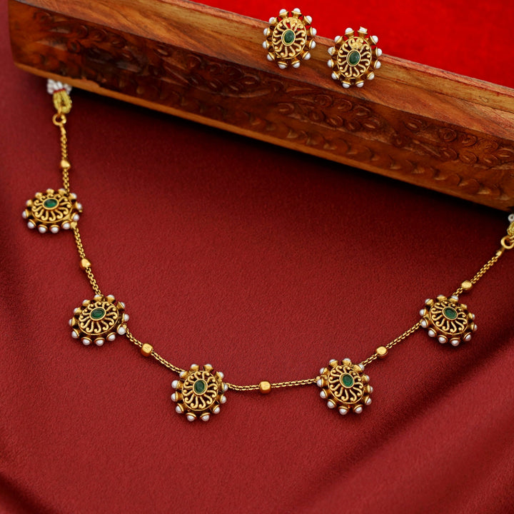 Maheera Oval Pearl Floral Short Neckpiece With Stud