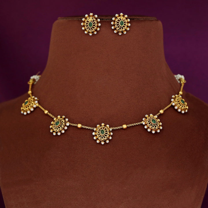 Maheera Oval Pearl Floral Short Neckpiece With Stud