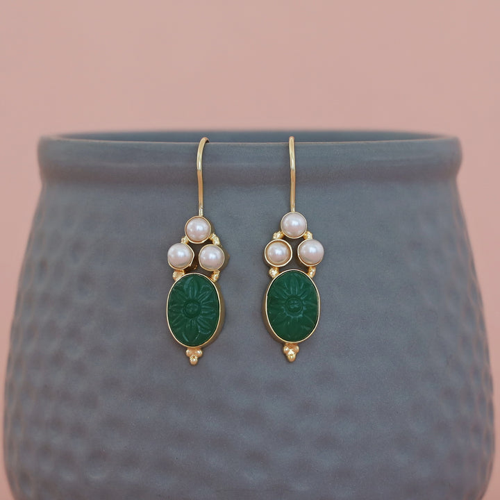 Carved Oval Tri Pearl Drop
