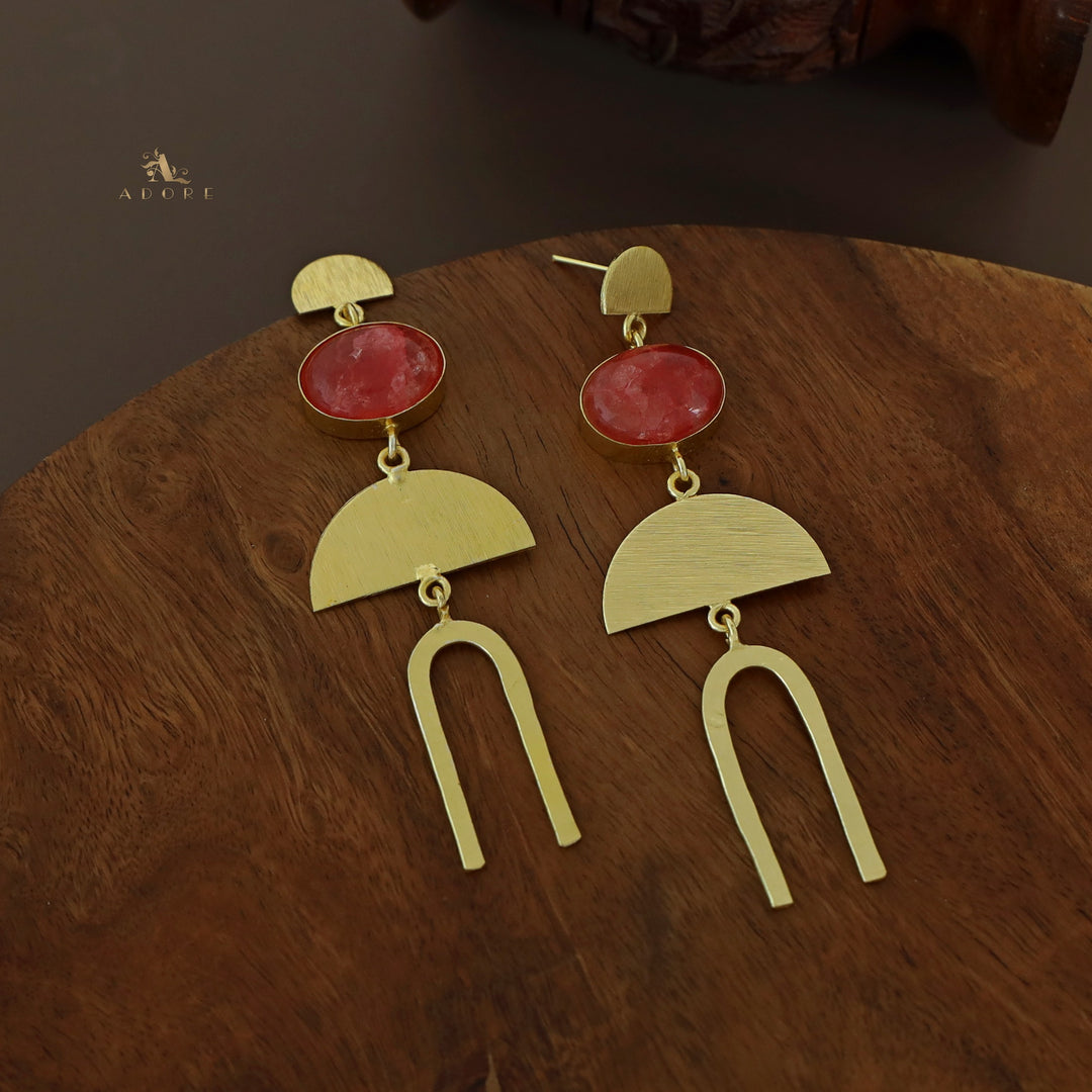 Dual Golden Semi Circle Oval Glossy Earring