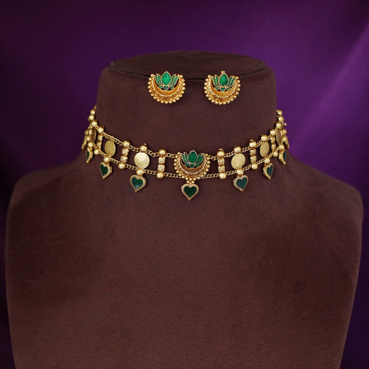 Ruhini 2 Layer Kashi Enamel Lotus Choker with Earring