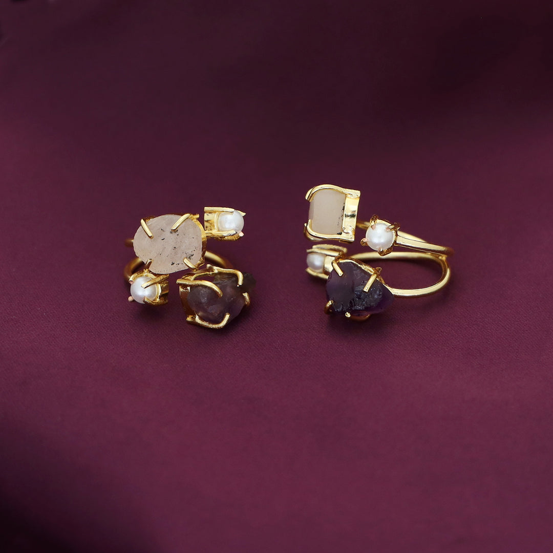 Golden Claw Dual Raw Stone + Pearl Ring