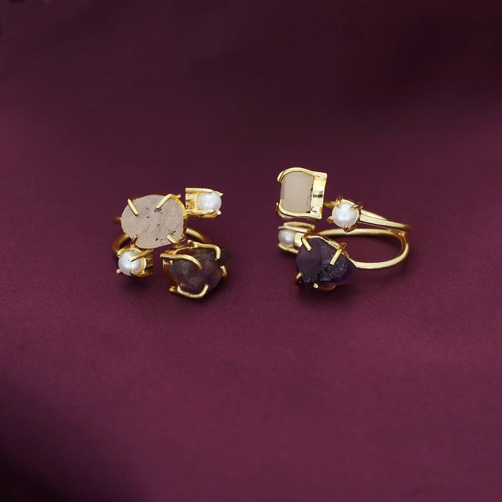 Golden Claw Dual Raw Stone + Pearl Ring