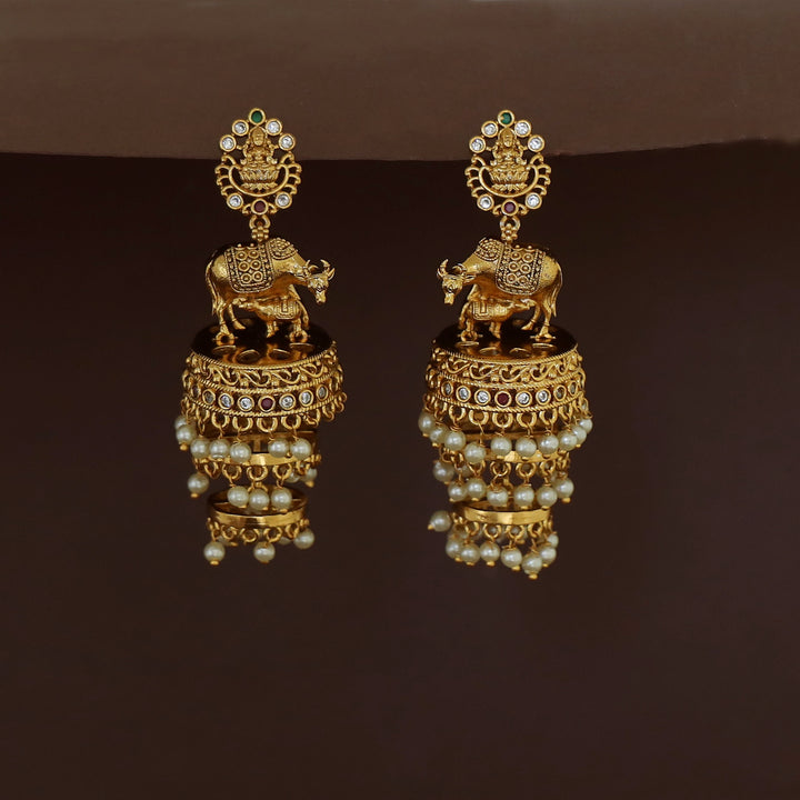 Lekshmi Feeding Calf Design Three Layer Pearl Jhumka