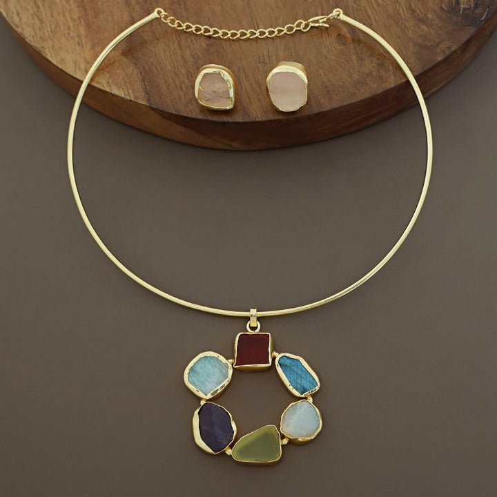Raw Stone Golden Chakra Neck Cuff With Stud