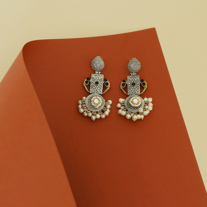 Chansy Drop Rectangle & Circle Pearl Earring