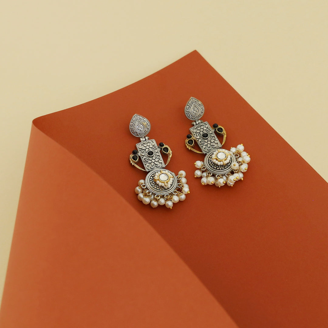 Chansy Drop Rectangle & Circle Pearl Earring