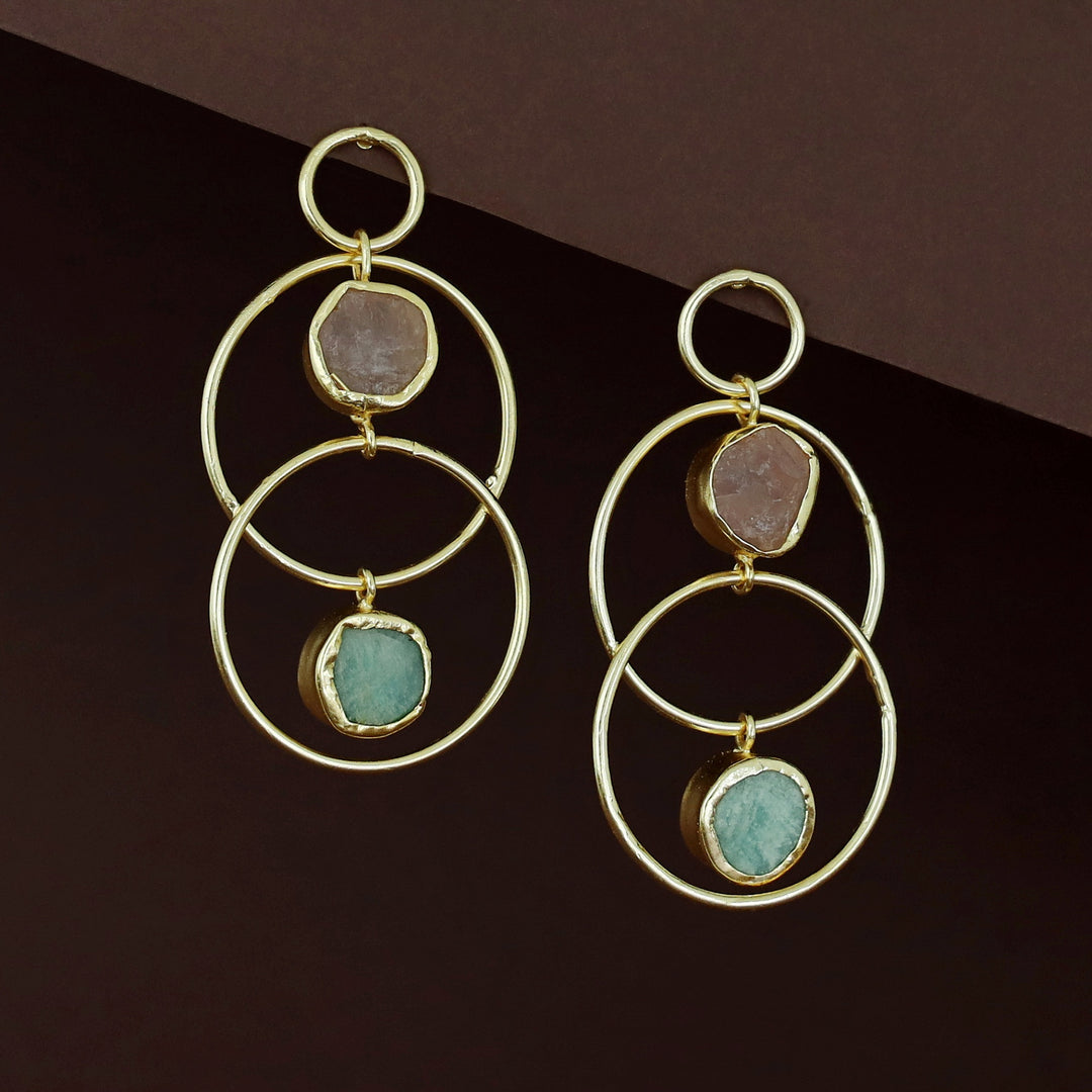 Dinaya Golden Dual Circle Raw Stone Earring