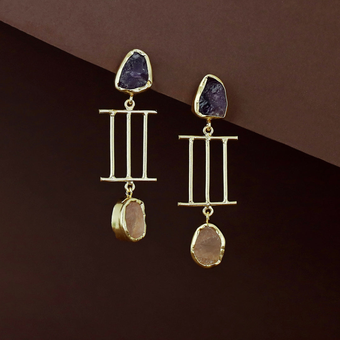 Golden Tri Stick Dual Raw Stone Earring