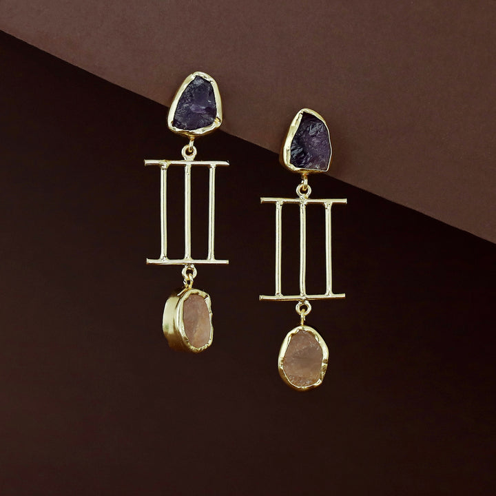 Golden Tri Stick Dual Raw Stone Earring