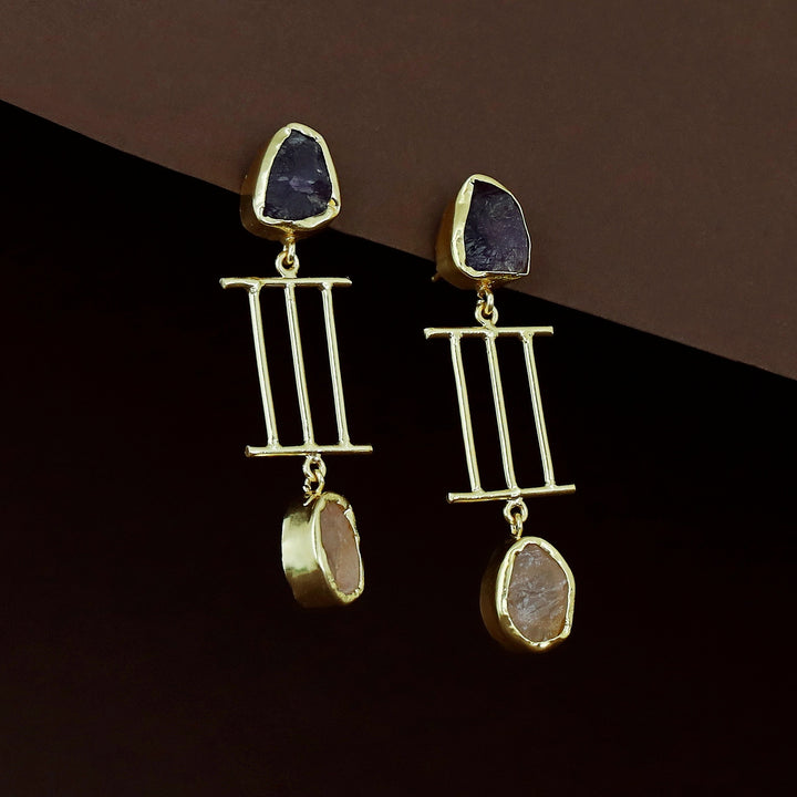 Golden Tri Stick Dual Raw Stone Earring