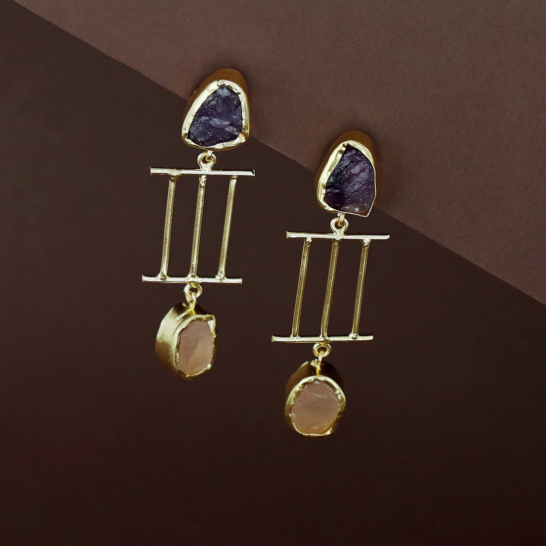 Golden Tri Stick Dual Raw Stone Earring