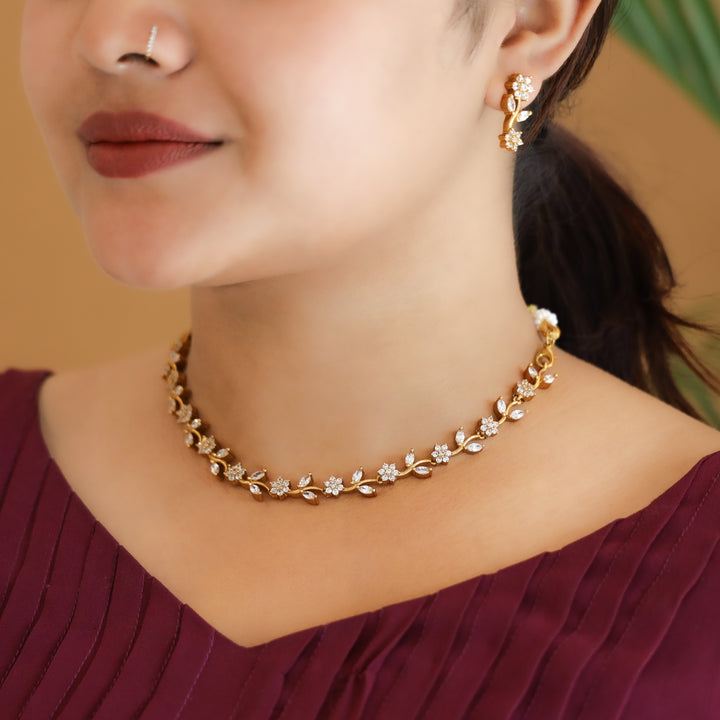 Sayisree Flower Short AD Neckpiece With Earring