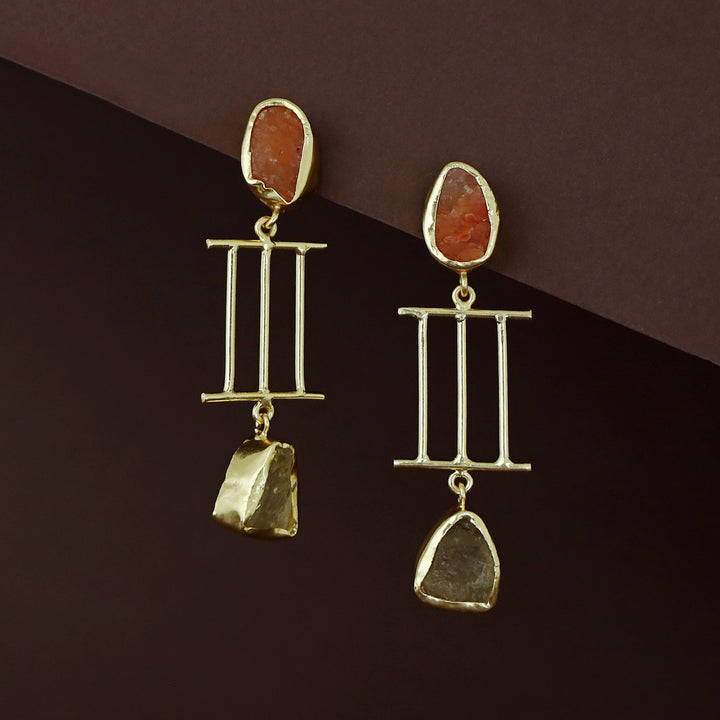 Golden Tri Stick Dual Raw Stone Earring