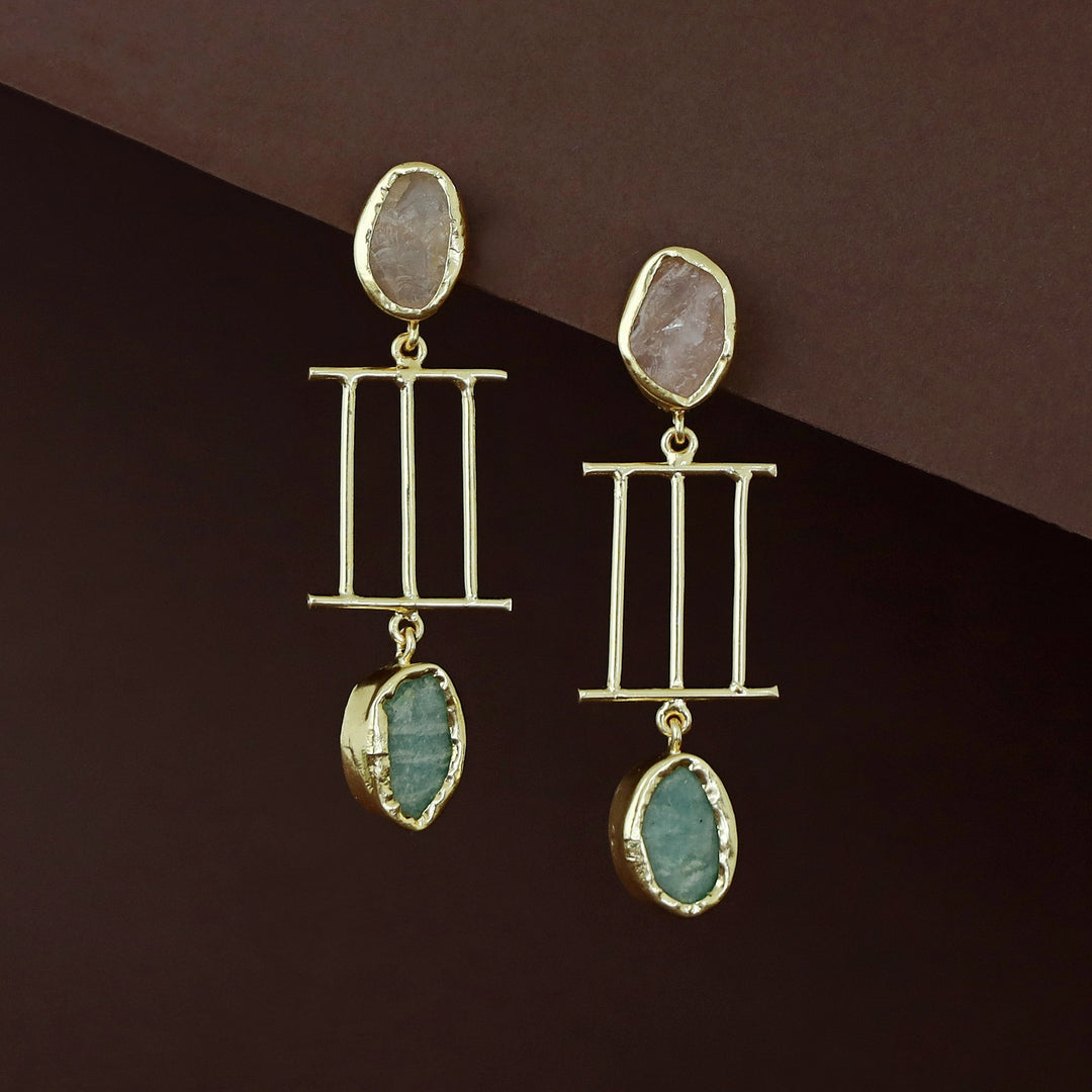 Golden Tri Stick Dual Raw Stone Earring