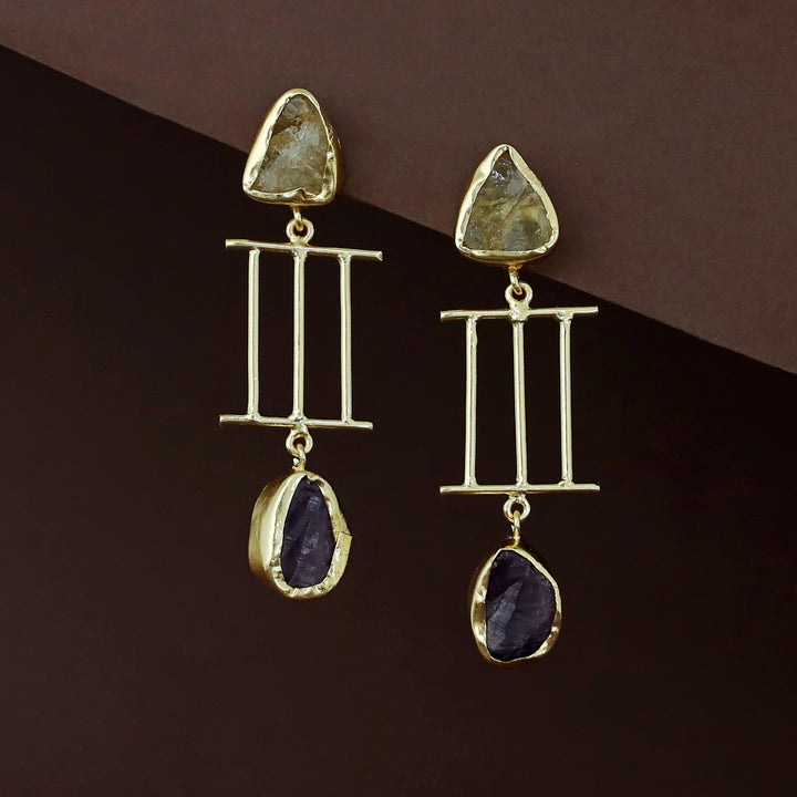 Golden Tri Stick Dual Raw Stone Earring