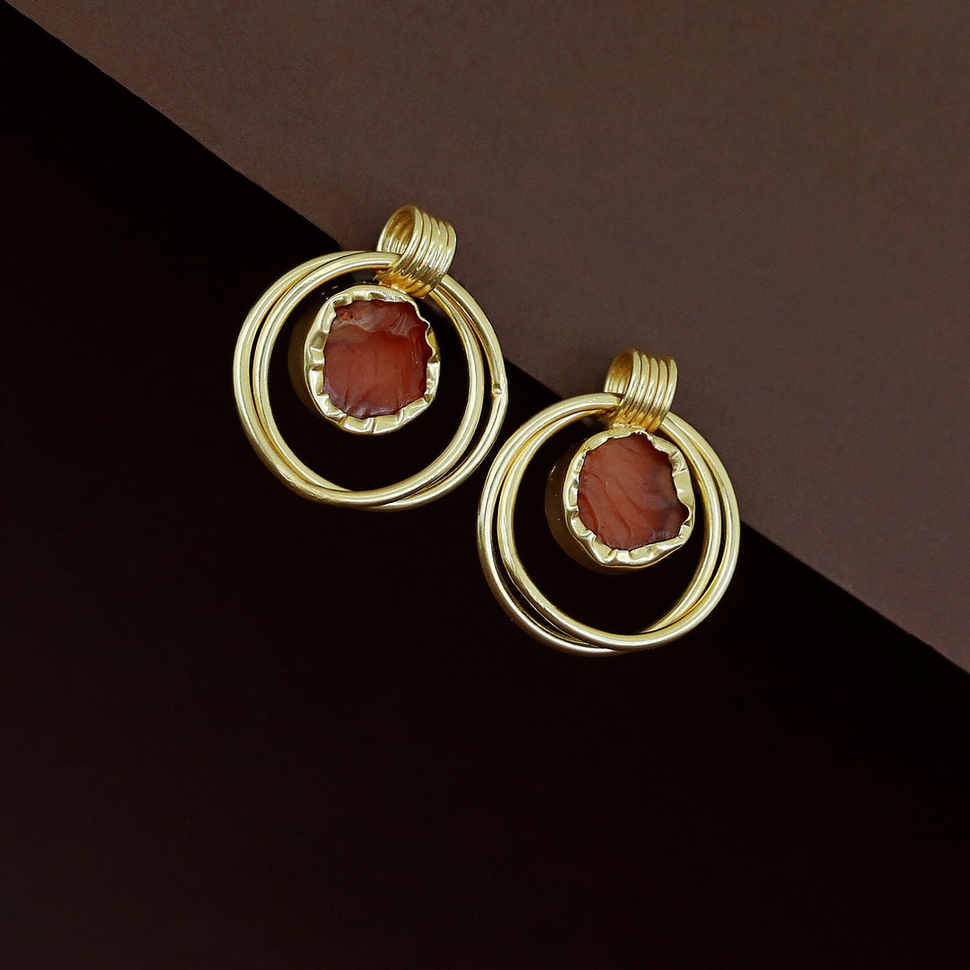 Golden Dual Circle Raw Stone Earring