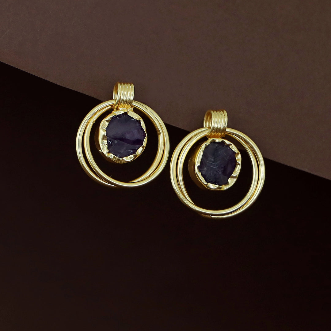 Golden Dual Circle Raw Stone Earring