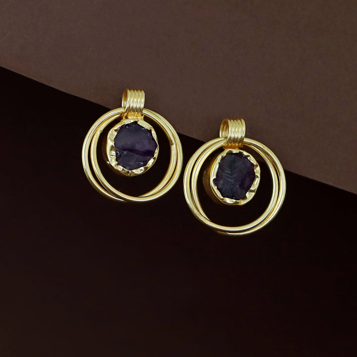 Golden Dual Circle Raw Stone Earring