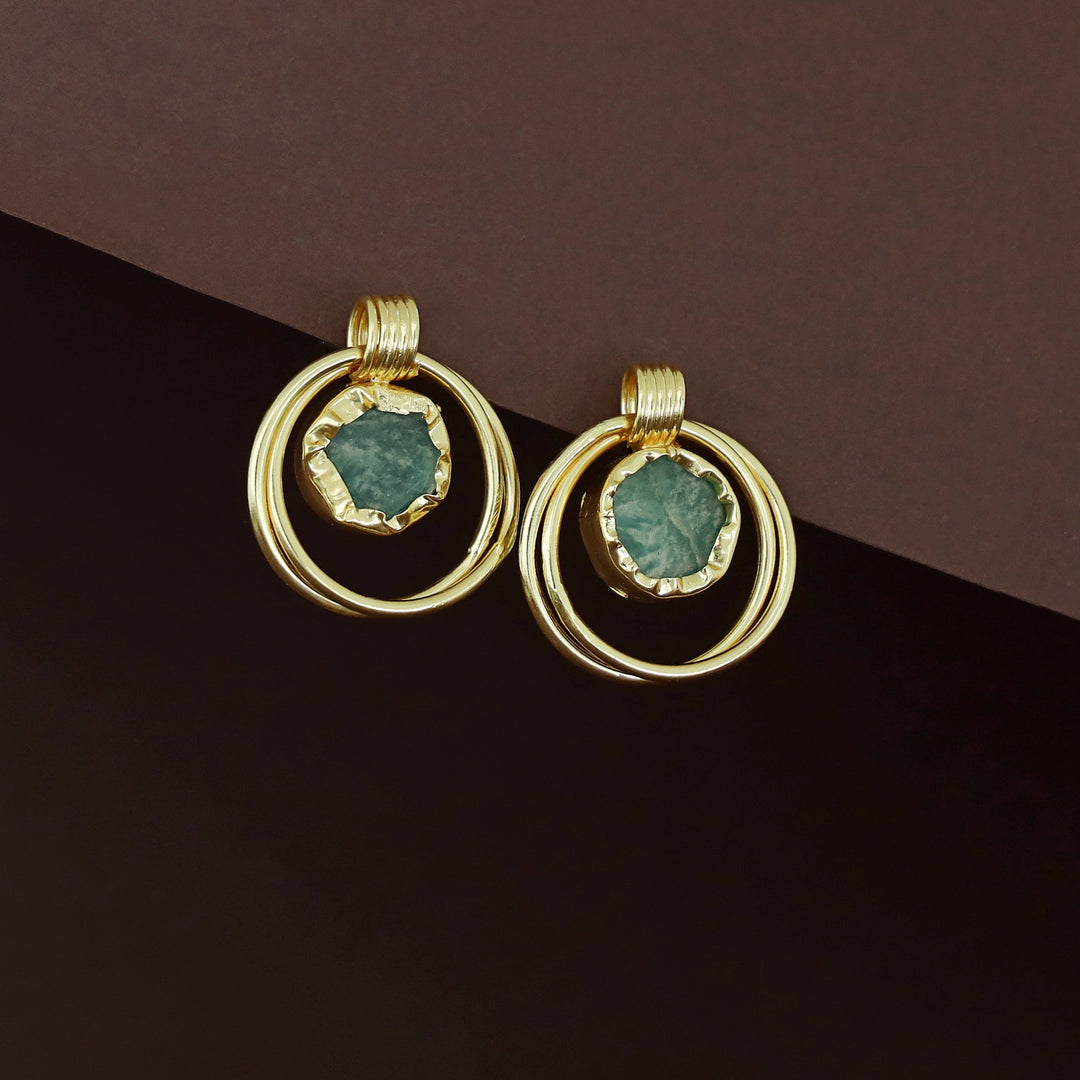 Golden Dual Circle Raw Stone Earring