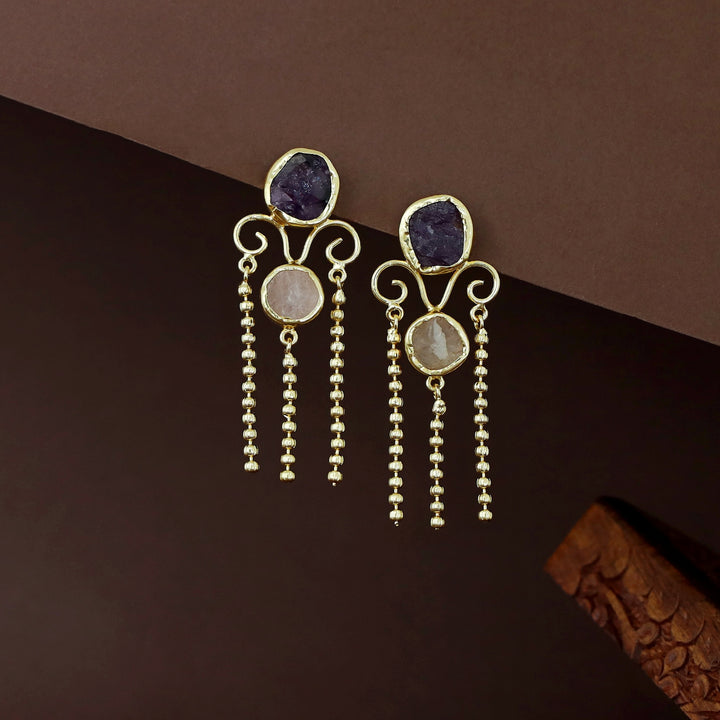 Golden Tri Ball Hanging Dual Raw Stone Earring