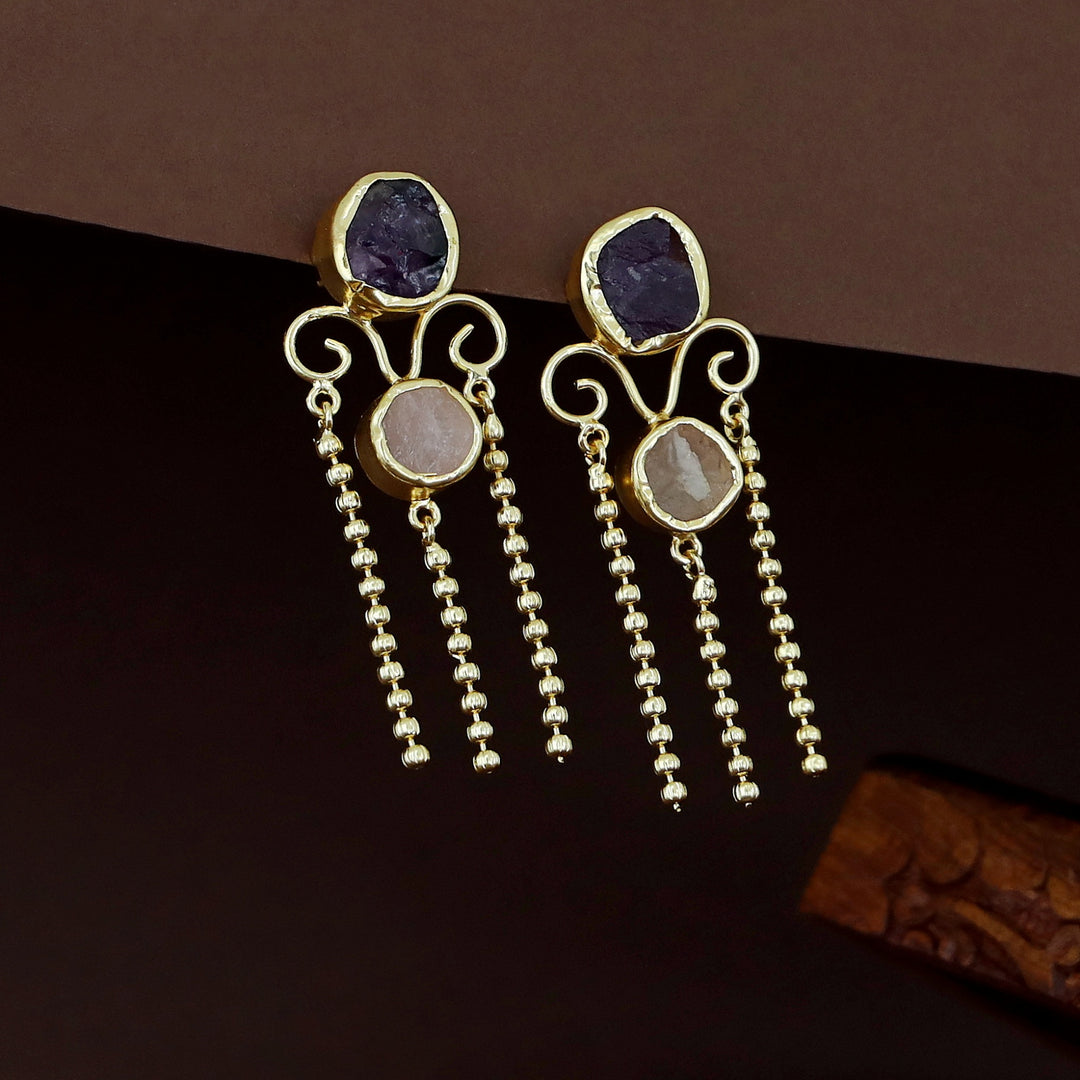 Golden Tri Ball Hanging Dual Raw Stone Earring