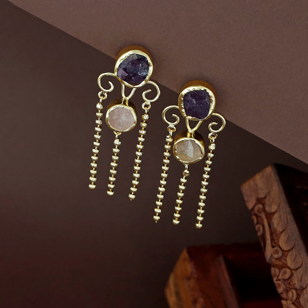 Golden Tri Ball Hanging Dual Raw Stone Earring