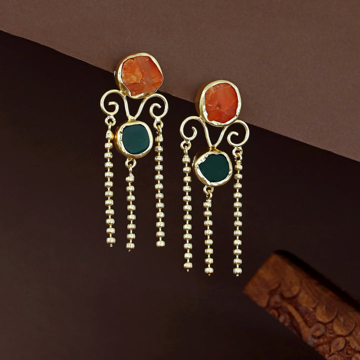 Golden Tri Ball Hanging Dual Raw Stone Earring