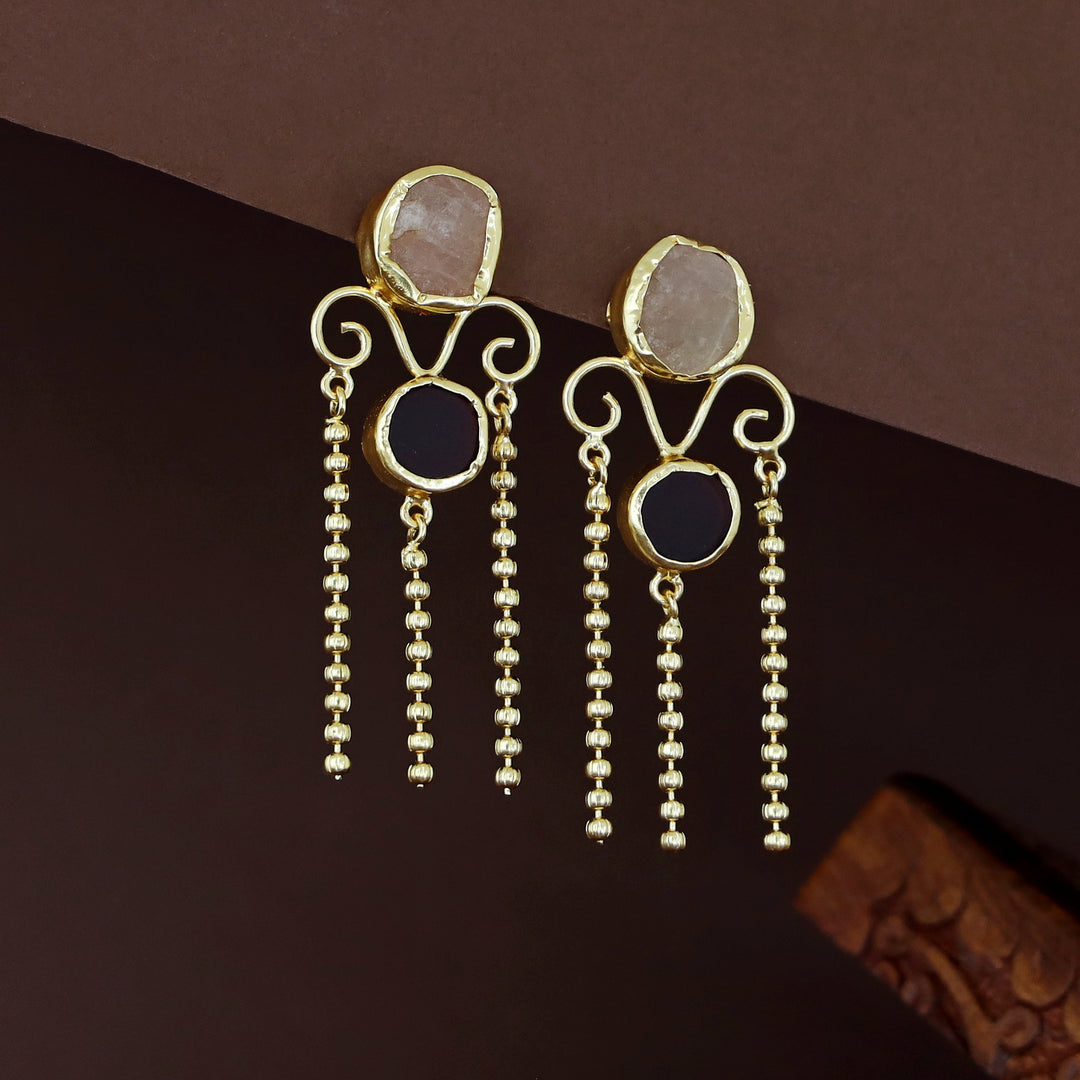 Golden Tri Ball Hanging Dual Raw Stone Earring