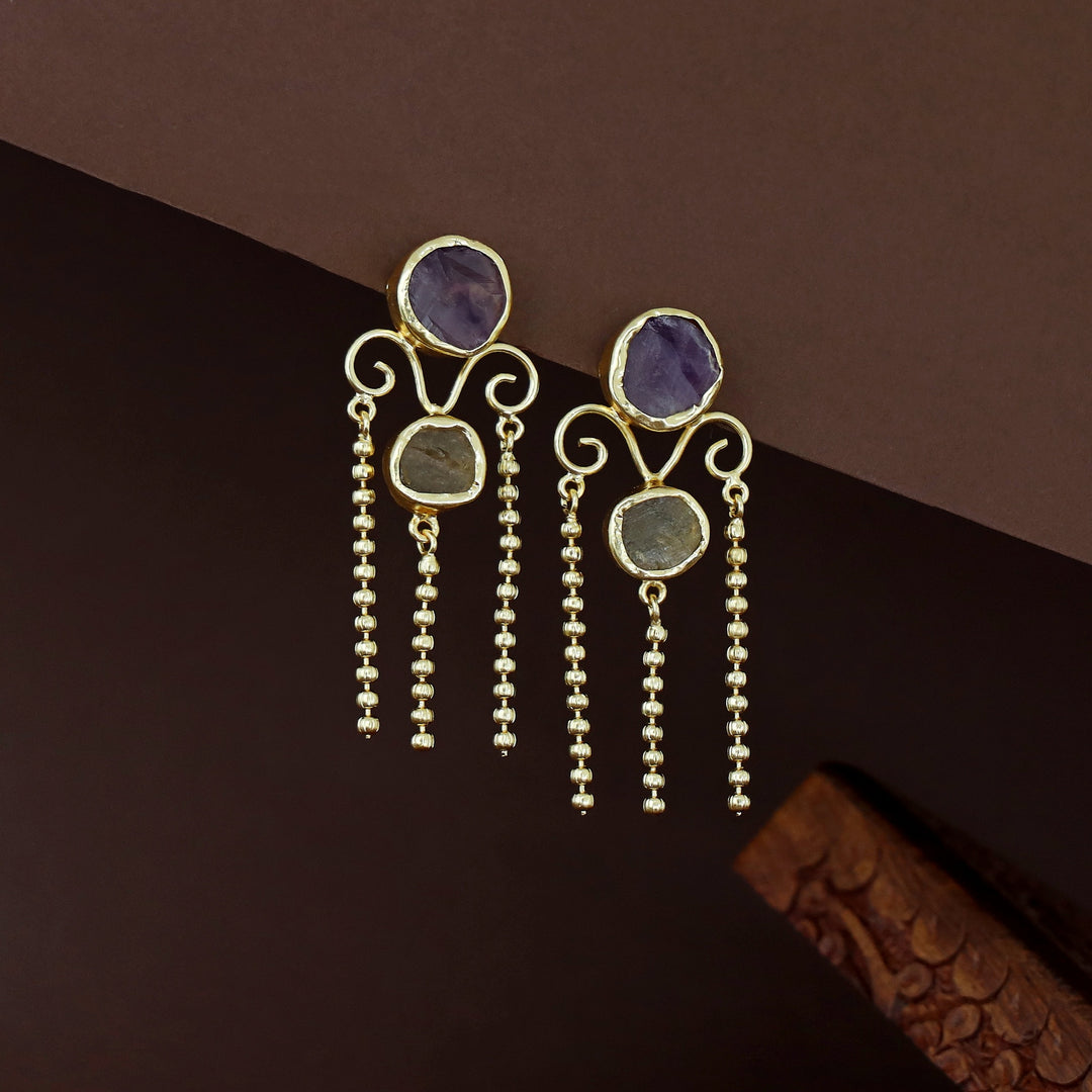 Golden Tri Ball Hanging Dual Raw Stone Earring