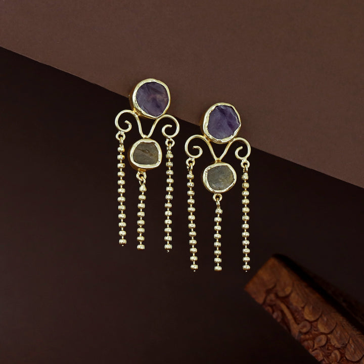 Golden Tri Ball Hanging Dual Raw Stone Earring