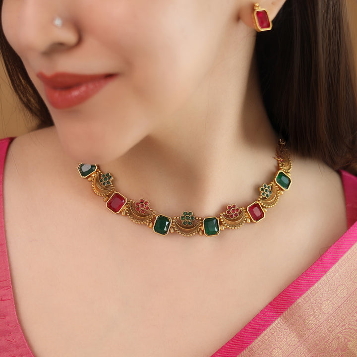 Navabha Curved Rectangle Half Moon Flower Short Neckpiece with Stud