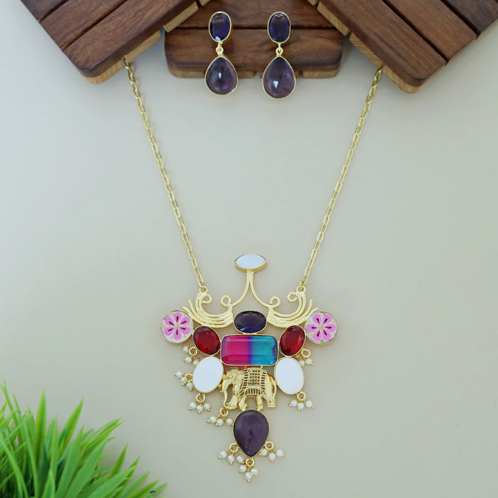 Hand Painted Glossy + MOP Neckpiece With Earring