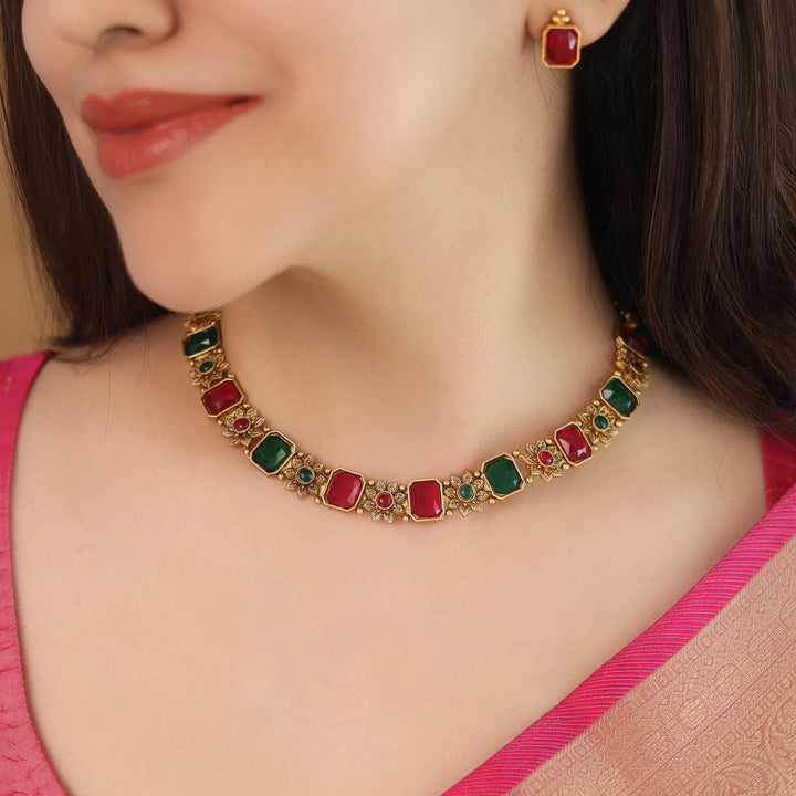 Shriya Flower Rectangle Short Neckpiece with Earring