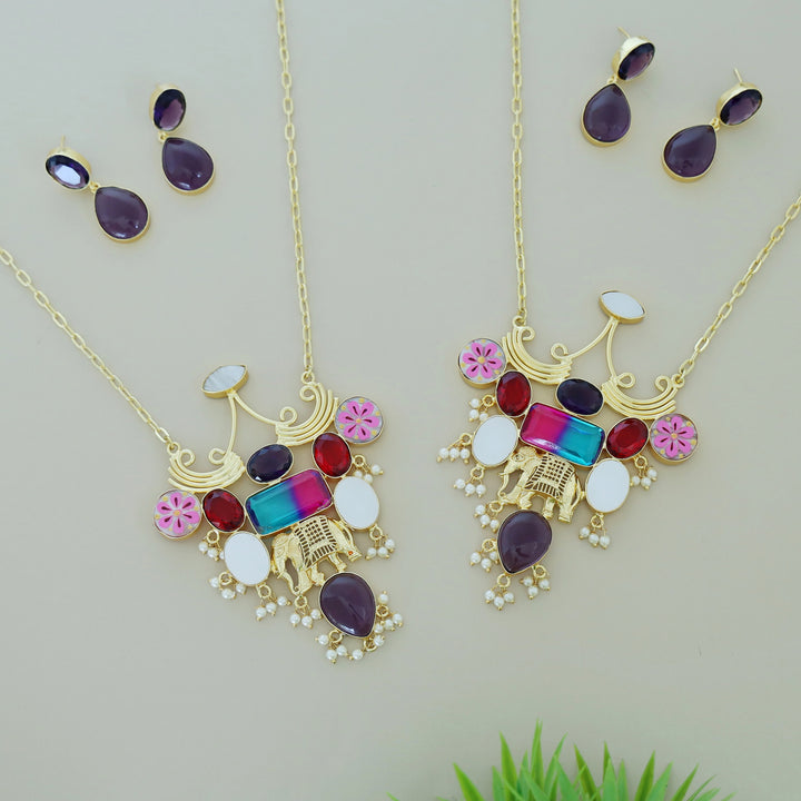 Hand Painted Glossy + MOP Neckpiece With Earring