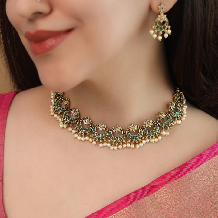 Mumtaz Half Moon and Flower Neckpiece with Earring