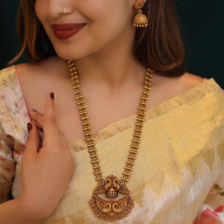 Lasya Peacock Ball Pendant Long Neckpiece With Earring