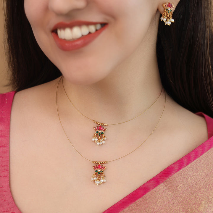 Arusha Mini Lotus Pearl Dual String Neckpiece with Earring