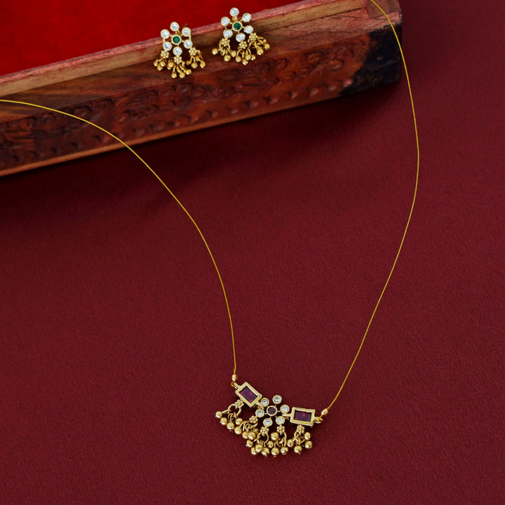 Priksha Floral Golden Beads String Neckpiece With Earring