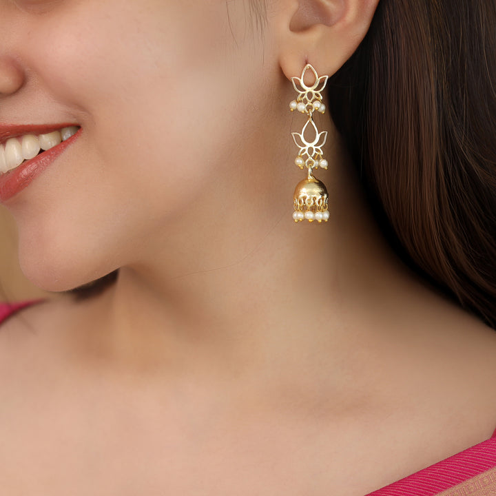 Golden 2 Layer Lotus Pearl Jhumka