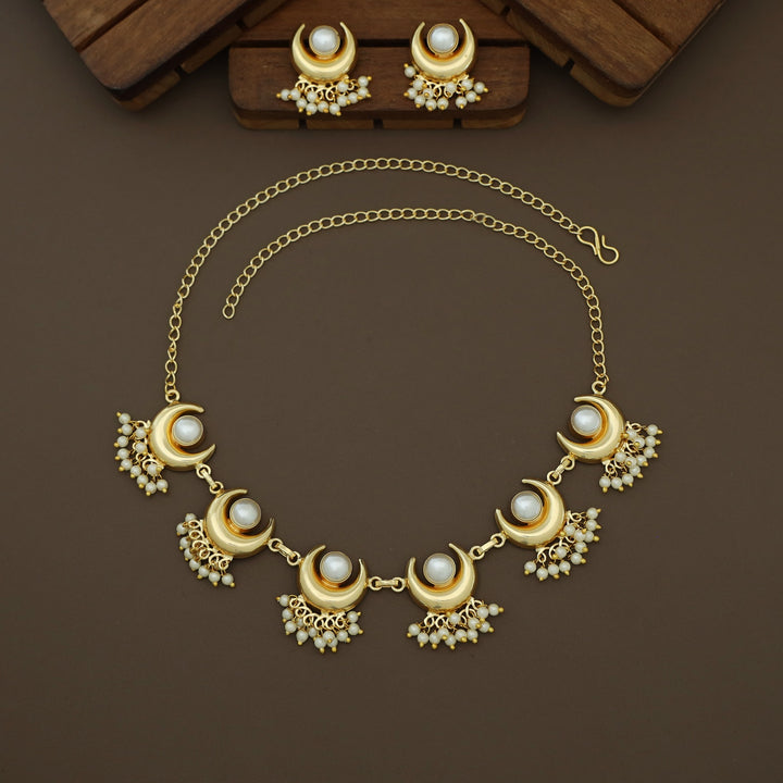 Faloni Golden Half Moon Pearl Short Neckpiece With Earring