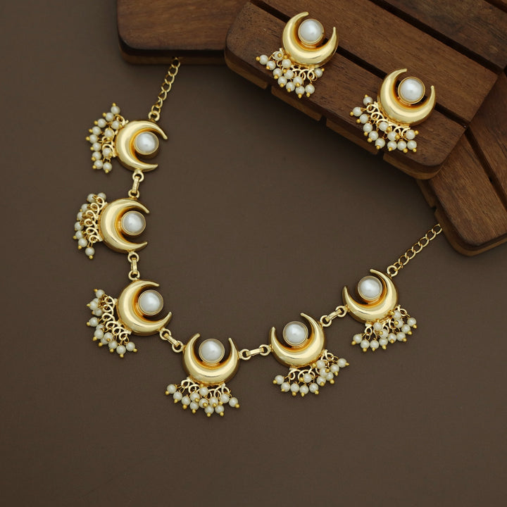 Faloni Golden Half Moon Pearl Short Neckpiece With Earring