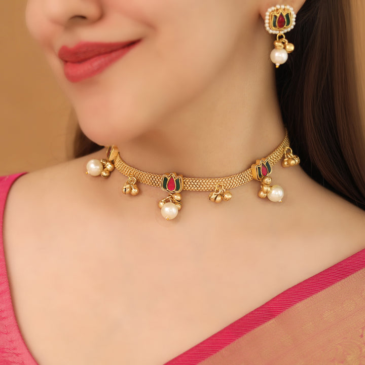 Jadau Kundan Lotus Ghungroo Pearl Choker with Earring