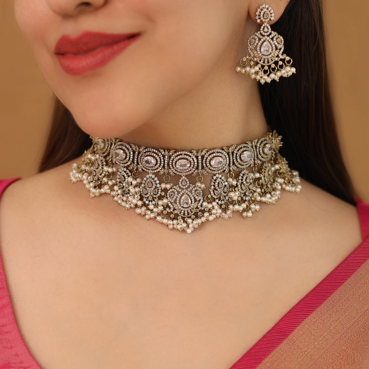 Premium Vanalika AD Stone Beaded Choker With Earring