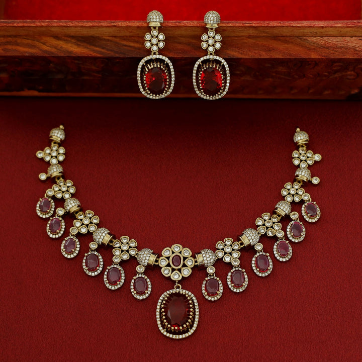 Advitha Glossy Floral AD Stone Neckpiece With Earring