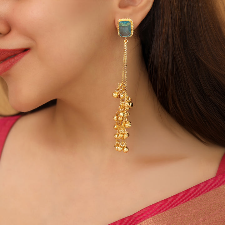 Atiya Golden Hanging Ghungroo Rectangle Glossy Stone Earring