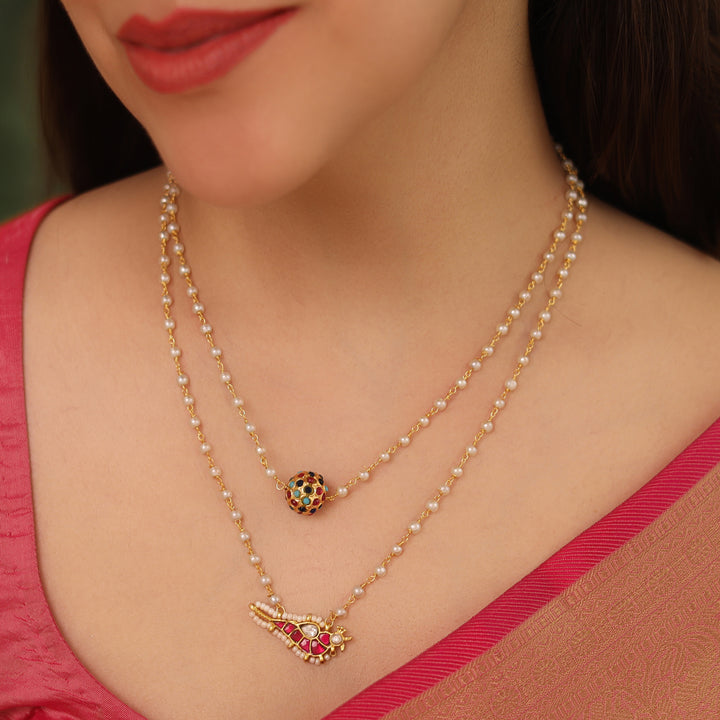 Avasa 2 Layer Carly Pearl Golden Ball Bird Neckpiece