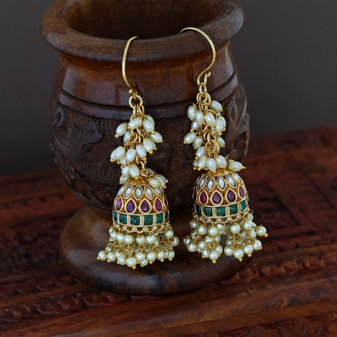 Rudrika Cluster Pearl  Kemp Stone Jhumka Drop