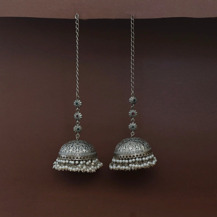 Jaheel Tri Flower Cluster Pearl Jhumka With Ear Chain