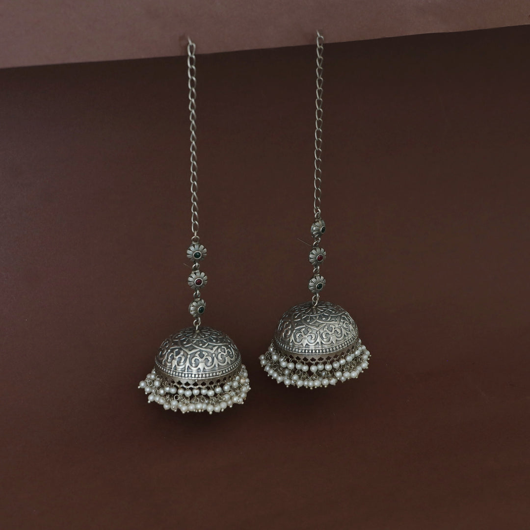 Jaheel Tri Flower Cluster Pearl Jhumka With Ear Chain